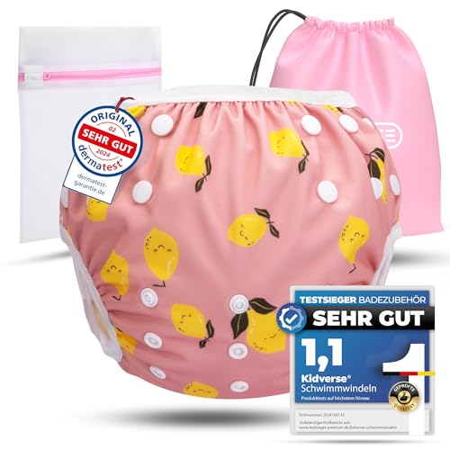 KIDVERSE Schwimmwindel Baby Badehose 0-3 Jahre - Hautfreundliche Schwimmwindeln wiederverwendbar & saugstark - Größenverstellbare Badewindel Baby Schwimmhose Tragetasche & Wäschenetz (Citrons)