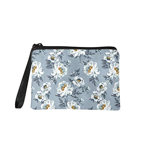 Bulopur Chrysanthemum Flower Makeup Bag Zipper For Women, White Floral Portable Roomy Travel Cosmetic Bag, Light Blue Female Purse Bag Accessories Organizer #TOP30