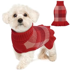 Lelepet Dog Sweater Dress, Medium Dog Sweater for Girls Turtleneck Dog Sweaters for Medium Dogs, Plaid Dog Christmas Sweater, Warm Fall Pet Sweater Knitwear with Leash Hole, Pug, Pomeranian, M