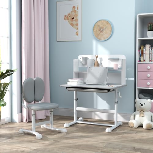 Qaba-Kids-Desk-and-Chair-Set-Height-Adjustable-Kids-School-Study-Desk-and-Chair-Set-with-Tilt-Desktop-Storage-Drawer-and-Reading-Rack-for-Writing-Reading-and-Drawing-Gray Qaba Kids Desk and Chair Set Height Adjustable Kids School Study Desk and Chair Set with Tilt Desktop Storage Drawer and Reading Rack for Writing Reading and Drawing Gray