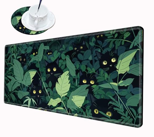 Image of Grass Black Cat Mouse Pad Gaming Desk Mat 24x12 Mousepad XL Desk Pad Long Computer Mat Large Mouse Pads for Wireless Mouse Office Work Women