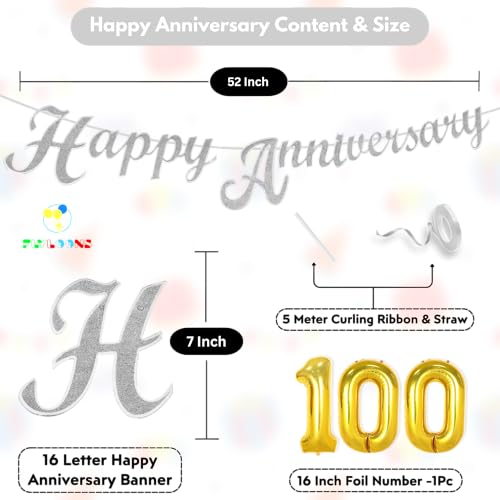 Image of Flyloons 100th Happy Anniversary Banner Silver Decorations Kit for Men Women Wedding Anniversary Banner Items without Balloons