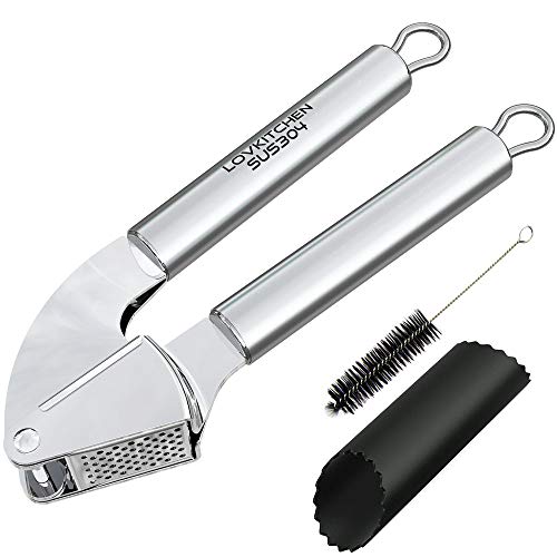 Garlic Press LOVKITCHEN Durable Stainless Steel Kitchen Garlic/Ginger Mincer Crusher and Peeler Set with Silicone Tube Roller Cleaning Brush
