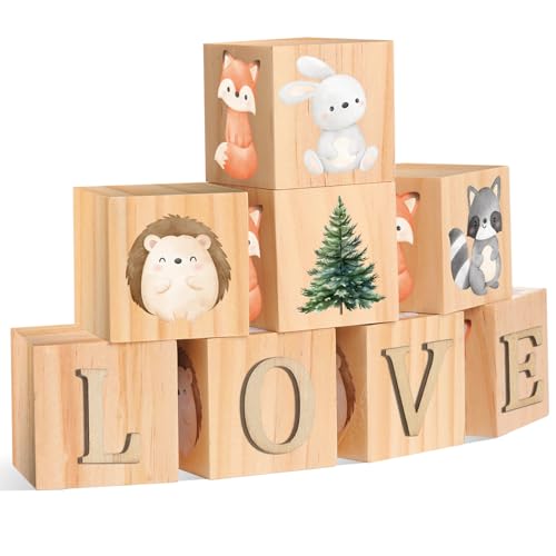 Wonderjune Custom Woodland Animals Wooden Name Sign, 8 Animals Block with 78 Letter Nursery Name Cubes for Nursery Shower Baby Shower Alphabet Wood Signs