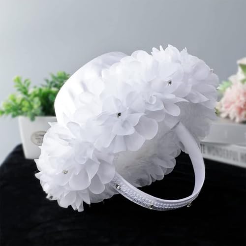 2PC Flower Girl Baskets, White Satin Cloth Baskets with Faux Lace Flowers Decor for Wedding Ceremony Party Desktop Decor - Thumbnail 3