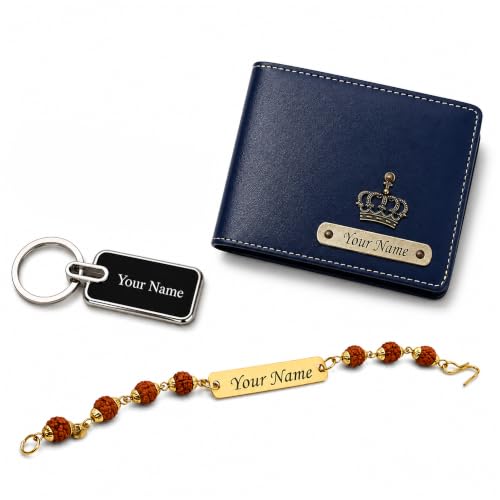 Image of SAVRI Rakshabandhan Gift for Brother | Customized Men's Leather Wallet with Name & Charm, Personalized Metal Keychain & Customized Rudraksha Rakhi with Name | Rakhi Gift for Brother
