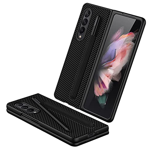 DOOTOO for Samsung Galaxy Z Fold 3 Case Luxury Slim Leather Hybrid PC with Pen Holder Pocket, Z Fold 3 Case with S Pen Holder Business Fold Cover for Samsung Galaxy Z Fold 3 5G 2021 (Carbon Fiber)