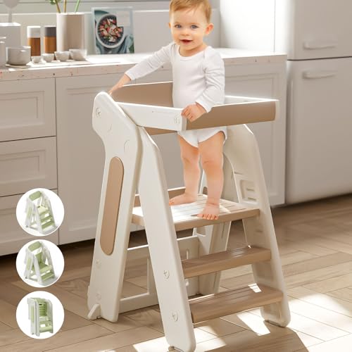Toddler Tower Kitchen Stool Helper,Foldable/Adjustable Height Kids StandingTower Stool W/CPC Certification,for Kitchen Counter Bathroom Sink Cooking Child Ladder for Toddlers W/Safty Rail(Brown White)