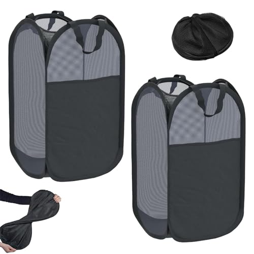 2PCS Black Collapsible Washing Basket Mesh Folding Laundry Basket 75L Large Washing Basket Collapsible Pop Up Laundry Basket Bin with Side Pocket for Bedroom and Bathroom Clothes Tidy Storage