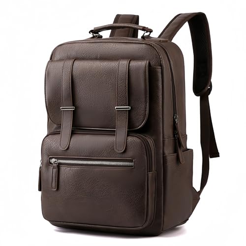 Mochila de Couro Sintético para Adulto, Cabe Notebook de 15,6 Polegadas (marrom escuro)