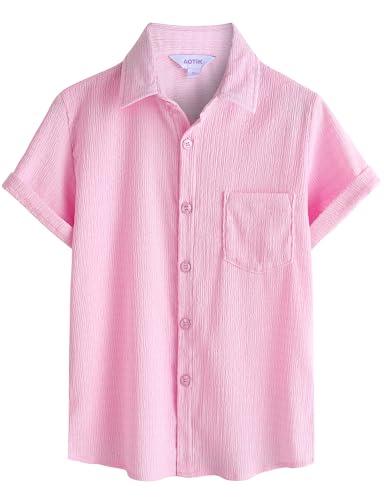 AOTIK Boys Casual Button Dwon Shirt Short Sleeve Fashion Button Up Shirt with Pocket 14 Pure Pink