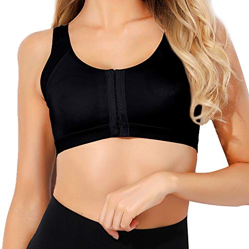 Women's Post Surgery Sports Bra Front Closure Comfort Wireless with Adjustable Straps Black