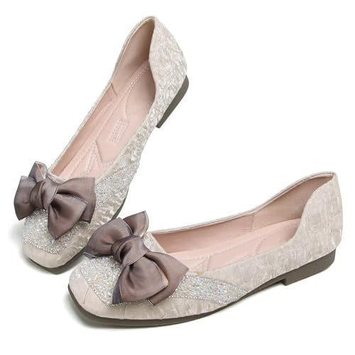 Hee grand Women Crystals Bowknot Ballet Flats Square Toe Slip On Flat Shoes Fashion Rhinestones Dress Shoes