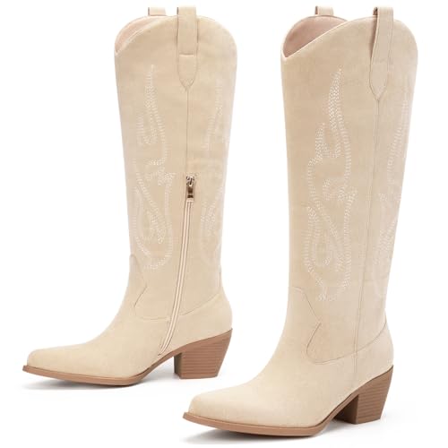 Image of Pasuot Western Cowboy Boots for Women - Knee High Wide Calf Cowgirl Boots, Slip On Pointed Toe Chunky Heel Fashion Retro Classic Pull On Tall Boot for ladies Party concert