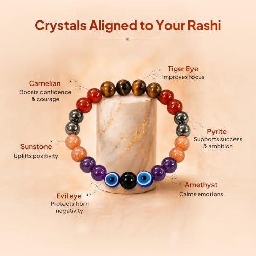 Image of Simha (Leo) Rashi Bracelet | Tiger's Eye, Carnelian, Pyrite, Sunstone,Amethyst, Evil Eye | Ideal For Career Growth & Recognition | Enhances Charisma, Confidence & Authority |For Men & Women