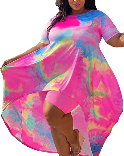 Lucuna Women's 2 Piece Outfits Tie Dye Short Sleeve T Shirt Dress And Bodycon Shorts Casual Clubwear Set Plus Size #TOP1