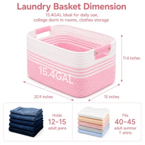 Image of 15.4GAL Rope Laundry Basket for Dorm, Cute Boho Square Woven Basket for Living Room Throws Pillow Blanket Storage, Short Dirty Clothes Hamper for Baby Girls Boys Toys Stuffed Animal Towel White Pink