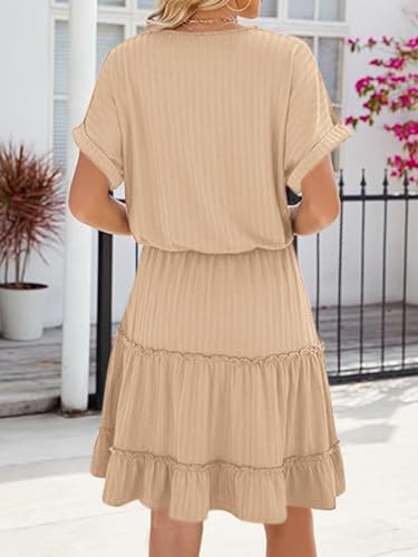 Image of PerZeal Women's Casual V Neck Short Sleeve Tiered Dress Ruffle Hem A-Line Flowy Swing Midi Dresses
