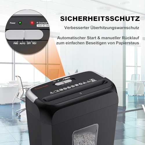 Bonsaii Aktenvernichter, Schreddert 6 Blätter auf Einmal, Vernichtet Kreditkarten und Büroklammern, Papierschredder mit Sicherheitsstufe P-4, 13-Liter Papierkorb C237-B