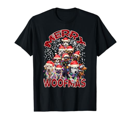 Merry Woofmas - Luces para árbol de Navidad con diseño de perros Camiseta