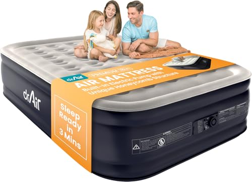 Dr. air Queen Colchón de aire, cama inflable elevada de 18 pulgadas con bomba integrada, parte superior aterciopelada impermeable, diseño ergonómico, soporte reforzado y bolsa de transporte para el