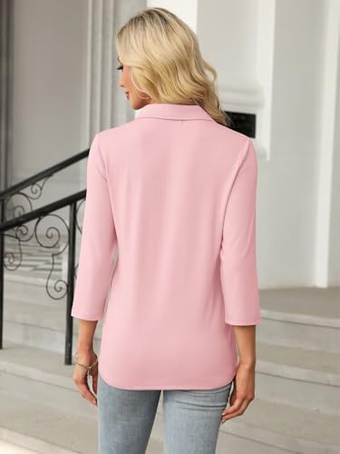 Women's 3/4 Sleeve Tops V Neck T Shirts Zipper Solid/Color Block Collared Polo Shirts4