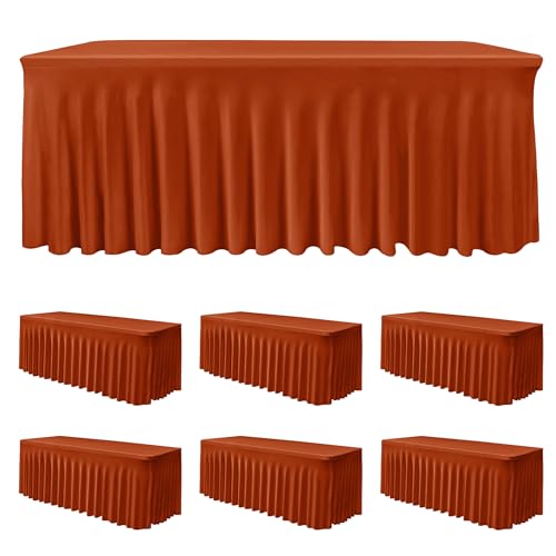 Image of HolidayIdeas 6 Pack Spandex Table Skirts for 6 Foot Rectangle Table, Bulk Fitted 30x72 Inch Stretch Covers for Banquets, Craft Fairs, Rust