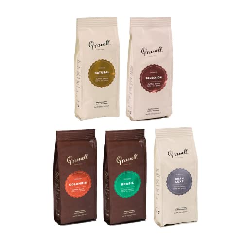 Granell Cafes ·1940 - Pack Degustación Café en Grano | Colombia, Brasil, Selección, Gran Luxe & Natural | Blend Arábica y Robusta de Tueste Natural | 5 Paquetes x 250 Gramos