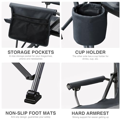 EVER ADVANCED Oversized Folding Camping Chair, for Adults Heavy Duty Lawn Chair with Side Pockets, Portable Collapsible Quad Chair for Outside, Support Up to 500lbs, Grey - Image 7
