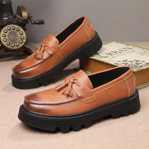 Image of Men's Black Soft Patent Leather Platform Chunky Heel Loafers Fashion Tassel Business Casual Formal Work Shoes Non-Slip Lug Sole Slip-On Penny Loafers