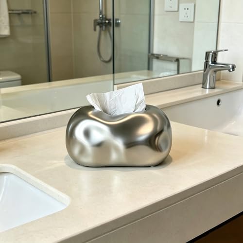 Ceramic Tissue Box Cover Modern Decorative Organizer for Facial Tissues Holder Farmhouse Style Home Decor for Bathroom Bedroom Living Room & Office (Round Silver)