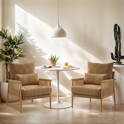 VINGLI Boho Braid Accent Armchairs Set of 2,Mid-Century Modern Chiars with Solid Wooden Armrest,Comfy Louge Cushion Chairs with Waist Pillow for Bedroom,Living Room,Reading Room, Khaki