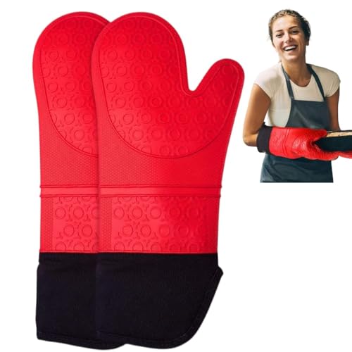 Image of THW Professional Large Silicone Oven Gloves Heat Proof,Kitchen Oven Mittens for Baking Heat Resistant Oven Mitts Cotton Quilted Silicone Gloves for Oven, Red