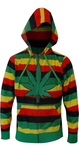 WebUndies Mens Weedman Ganja Rasta Stripe Zip Front Hoodie Sweatshirt