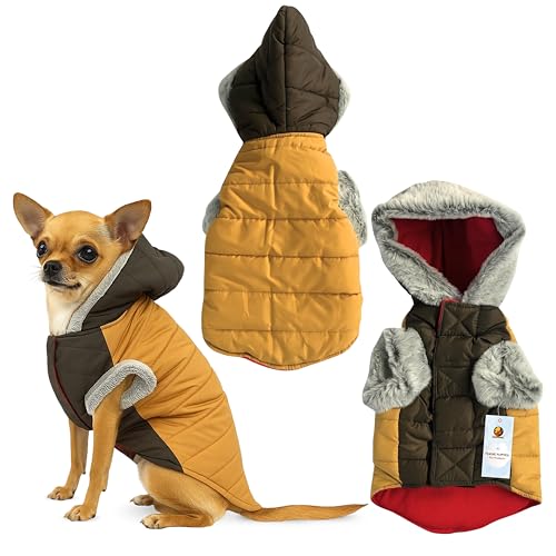 Image of Foodie Puppies Dog Puffer Hoodie Warm Winter Jacket - (Yellow Olive, 18 Inch) for Small Dogs | Ultra Warm Waterproof & Windproof Fur Coat | Washable Pet Vest Apparel for Cold Weather