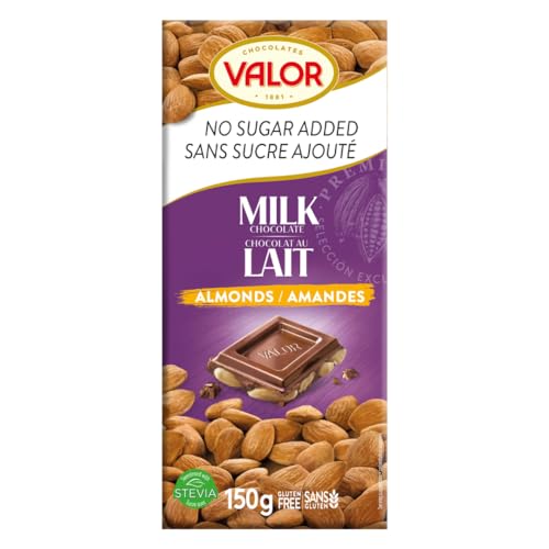 Valor - Chocolate con Leche y Almendras, 0% Azúcares Añadidos, 150 g