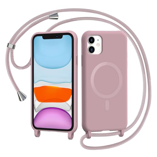 AOMYKE Handyband für iPhone 11 Hülle mit Band Magnetisch Handyhülle kompatibel mit Magsafe zum Umhängen Schutzhülle mit Kette Kordel Weich TPU Liquid Silikon CasePink