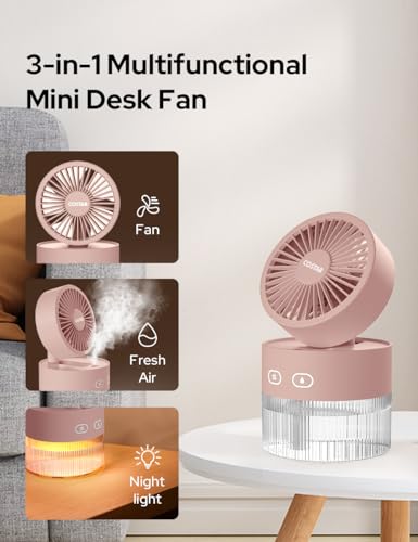 Image of COSTAR Portable Table Fan with Mist Humidify, USB Rechargeable Fan w /Night Light, Brushless 3 Speeds Personal Mini Fan, 180 Rotate Evaporative Air Cooler 350ml Water Tank