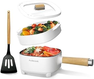 Audecook Hot Pot Electric 2L, Cermic Glaze Non-Stick Frying Pan 8 Inch, Portable Travel Cooker for Ramen/Steak/Fried Rice/Oatmeal/Soup, with Dual Power Control (Silicone Spatula Included)