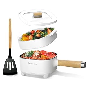 Audecook Elektrischer Hot Pot mit Dampfgarer, 2L/20cm Antihaft Elektropfanne mit Keramikglasur, Tragbarer Multikocher für Ramen, Steak, Ei, Haferflocken, Suppe, 350W/800W (Weiß)