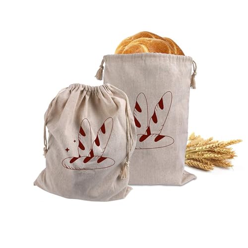 Linen Bread Bags, 2 Pack Reusable Natural Unbleached Linen Bread Storage Bags Drawstring Bread Bag for Homemade Bread, Sourdough Bread, 11 x 15.