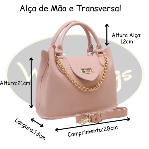 Bolsa Feminina Com Alça de Mão e Ombro Reajustável e Com Bolso Externo + Detalhe em Corrente (Bege)