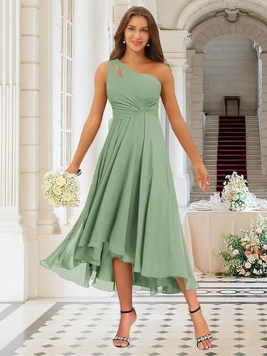 Aoruisen One Shoulder Bridesmaid Dresses for Women Chiffon Tea Length Pleated Formal Midi Dress4