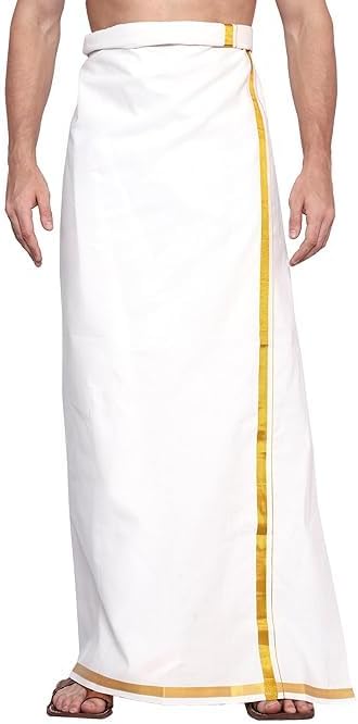 Global Traditional Men’s White Cotton Mundu/Dhoti with Golden Border – South Indian Ethnic Wear