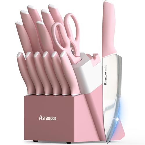 Astercook Knife Set, Kitchen Knives Set with Block and Sharpener 15 Pcs German Stainless Steel Knives Sharp Blade Dishwasher Safe Deba Knives with Ergonomic Handle, Crystal Pink