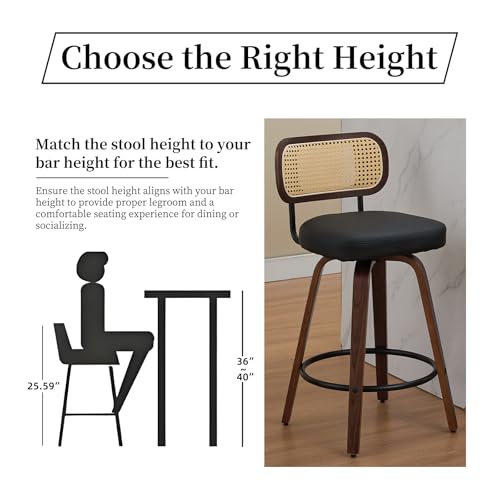 Image of Swivel Counter Height Bar Stools Set of 4, 26 inch Bar Chairs with Curved Rattan Back, Upholstered PU Leather, Walnut Craftsmanship, Mid Century Modern Counter Stools for Kitchen Counter, Black