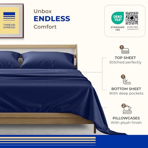 Image of THREAD SPREAD California King Bed Sheets, Luxury 1000 Series Paradise Collection 100% Egyptian Cotton Cal King Sheets Set (4 PC, Navy Blue), Silky Soft, Cooling, 16 inch Deep Pocket Hotel Sheet Set