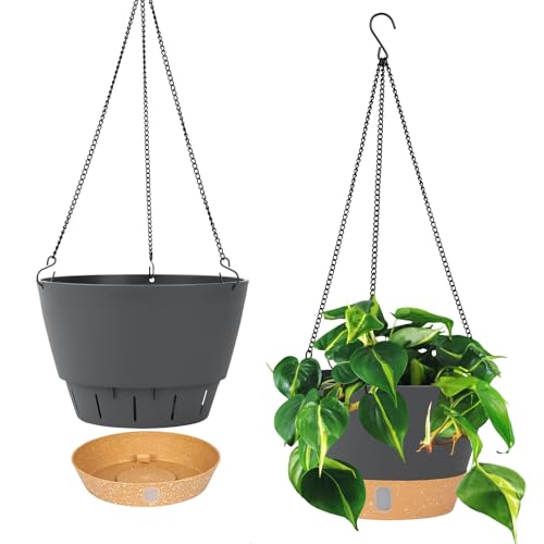 QCQHDU Pflanzgefäß-Set zum Aufhängen, 25,4 cm, für drinnen und draußen, hängender Blumentopf mit Drainageloch mit 3 Haken für Garten und Haus (grau)