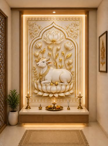 Image of Pichwai Cow Wallpaper for Mandir | Self-Adhesive Vinyl, Removable Marble Wall Sticker for Pooja Room & Temple
