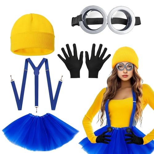 5 piezas de accesorios de disfraz amarillo para adultos, disfraz de cosplay amarillo, juego con gafas protectoras, gorro de punto, guantes para mujer, hombre, cosplay, Halloween, carnaval, fiesta